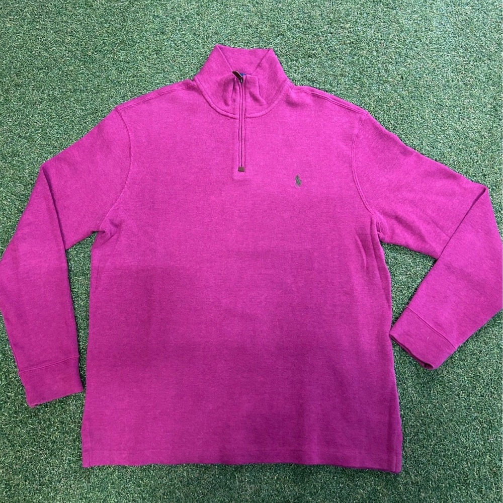 Polo Ralph Lauren Mens Large Magenta Pink Quarter Zip Cotton Sweater Pony Logo